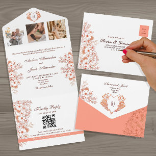 Korallenrote Florale Rustikale Chic Hochzeit All In One Einladung