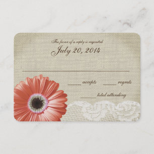 Korallenrote Gerbera-Daisy- und Spitzen-Hochzeits- RSVP Karte