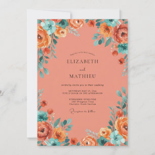 Korallenrote lebendige botanische Hochzeit Einladung