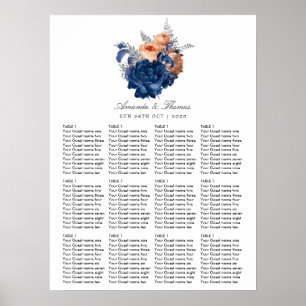 Korallenrote, marineblaue und silberne Blumenhochz Poster