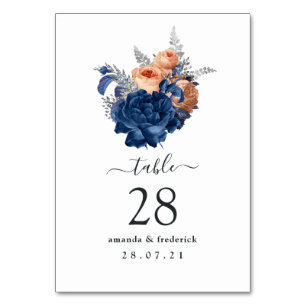 Korallenrote, marineblaue und silberne Floral-Hoch Tischnummer