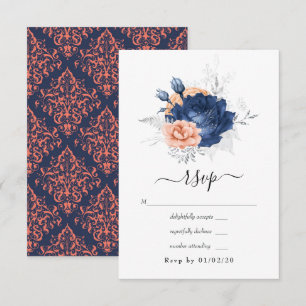 Korallenrote, marineblaue und silberne florale Hoc RSVP Karte