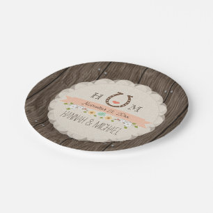 Korallenrote mit Monogramm Hufeisenherz-Hochzeit Pappteller