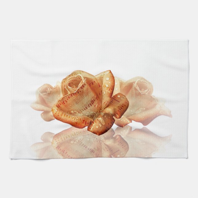 Korallenrote Rosen-Blüte mit Blatt-Musik Küchentuch (Horizontal)