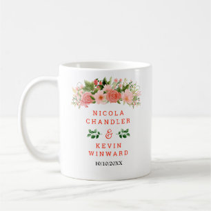 Korallenrote Rosen mit Laub Hochzeit Kaffeetasse