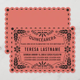 Korallenrote und schwarze Papel-Picado-Quinceañera Einladung