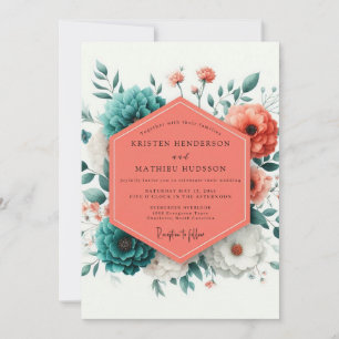 Korallenrote Viridian Artful Bloom Hochzeit Einladung
