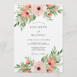 Korallenroter Blumenstrich Romantische Hochzeit Einladung