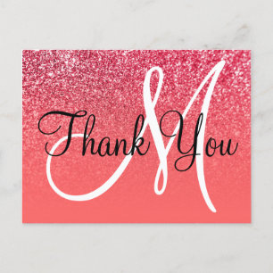 Korallenroter Ombre-Glitter-Monogramm-Dankeschön Postkarte