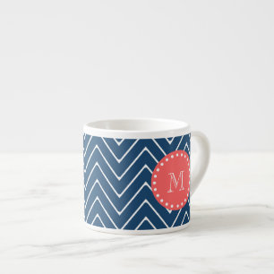 Korallenrotes Monogramm des Marine-Blau-Zickzack Espressotasse