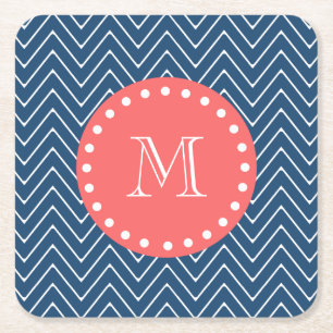 Korallenrotes Monogramm des Marine-Blau-Zickzack Rechteckiger Pappuntersetzer