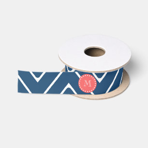 Korallenrotes Monogramm des Marine-Blau-Zickzack Satinband
