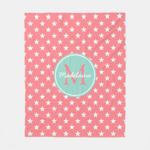 Korallenrotes rosa und cooles Aqua hat Monogramm Fleecedecke
