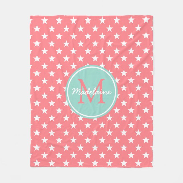 Korallenrotes rosa und cooles Aqua hat Monogramm Fleecedecke (Vorderseite)