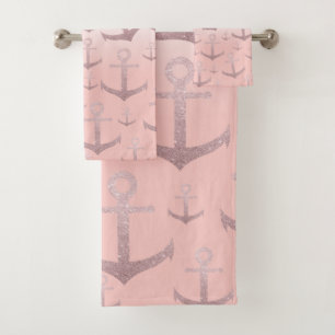 Korallenrotes RosengoldGlitter-Ankernautischmuster Badhandtuch Set