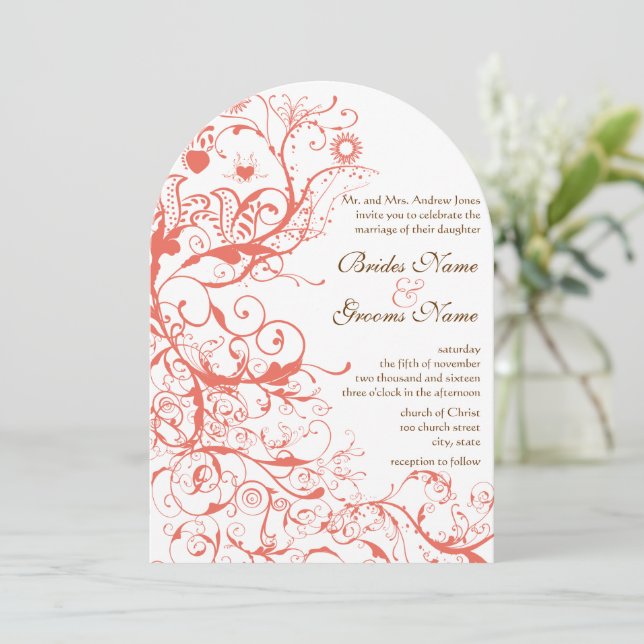 Korallenvögel & Wirbel Hochzeitseinladungen Einladung (Stehend Vorderseite)