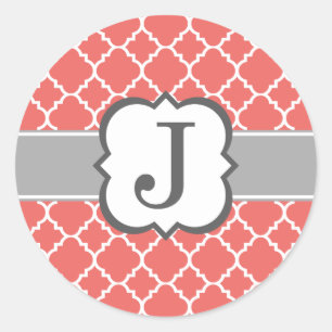 Korallenweiße Monogramm Letter J Quatrefolie Runder Aufkleber