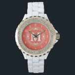 Korallenweißes Blumenblatt Monogramm Armbanduhr<br><div class="desc">Diese wunderschöne Armbanduhr fügt Ihrem Kleiderschrank eine Touch Eleganz hinzu. Es wird in sanften Korallenfarben gemacht, mit einem weißen Garten aus Blume und Punkten in einem Schablonenlook, mit weißen Zahlen, die passen. Fügen Sie Ihren Monogramm-Buchstaben zu personalisieren. Sie können auch die Korallenfarbe nach Ihren Wünschen anpassen! Siehe dazu passende Artikel...</div>