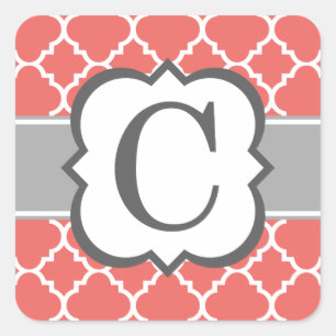 Korallenweißes Monogramm Letter C Quatrefolie Quadratischer Aufkleber