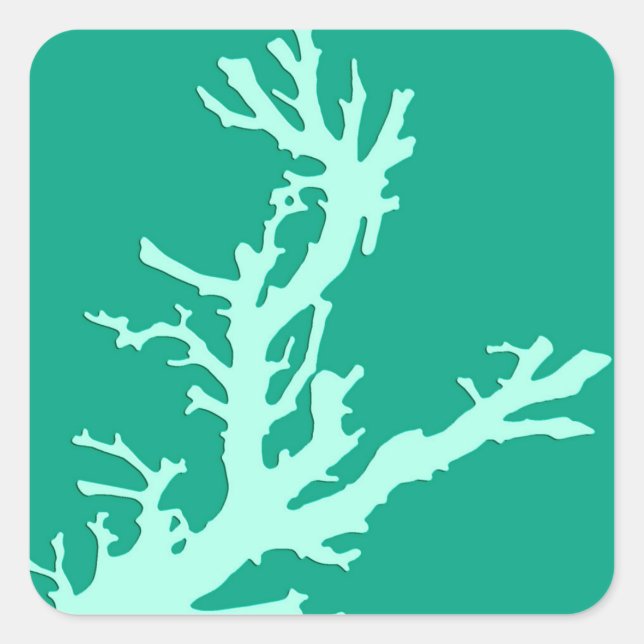 Korallenzweig - aquamarin und Meeresgrün Quadratischer Aufkleber (Vorderseite)