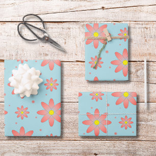 Koralrosa und pulverblaue zarte Gänseblümchen-Blüt Geschenkpapier Set