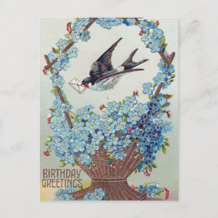 Korb aus blauen Blumen Vogel Geburtstag Postkarte