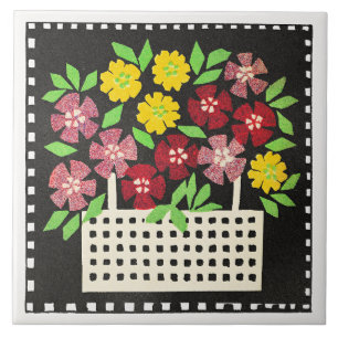 Korb mit Blumen, rot und gelb, Fliese
