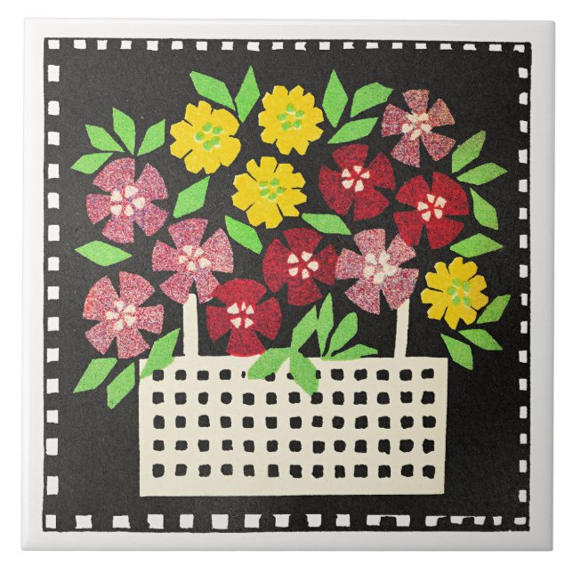 Korb mit Blumen, rot und gelb, Fliese (Vorderseite)