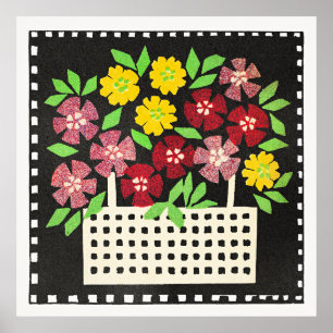 Korb mit Blumen, rot und gelb, Poster