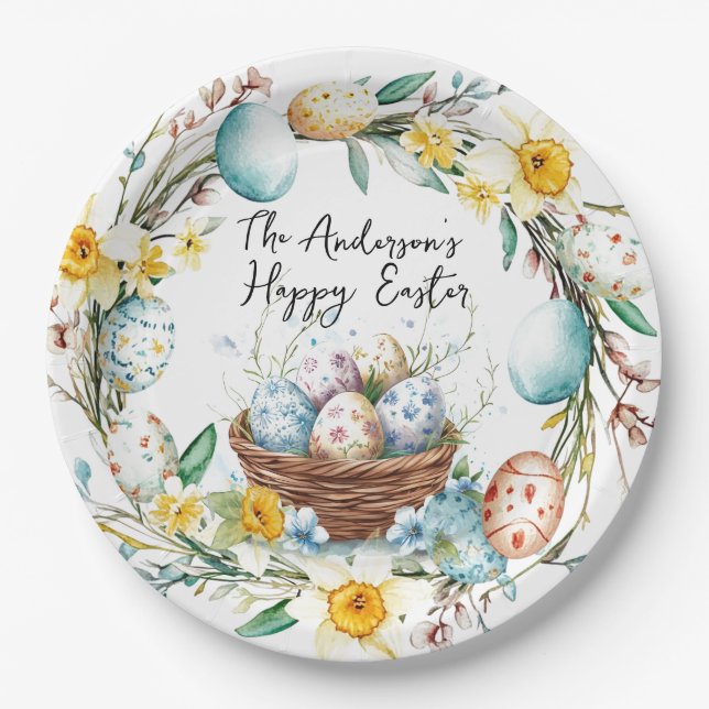 Korb mit Eiern und blumengeschmückten Ostern Pappteller (Vorderseite)