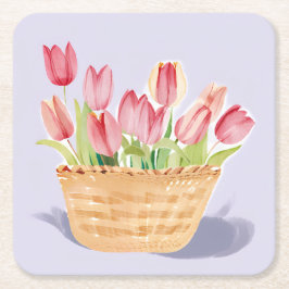 Korb mit Tulpen | Florale Aquarellmalerei Rechteckiger Pappuntersetzer