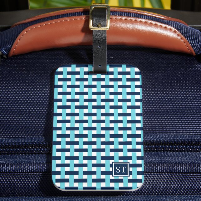 Korbgeflecht - Navy & Türkis Monogramm Gepäckanhänger (Vorderseite Insitu 2)