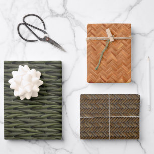 Korbgeflecht-Rattan-Bambus-Optik-Muster Geschenkpapier Set