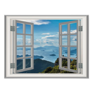 Korea Shoreline Ocean Misty Blue Asian Mountains Fotodruck