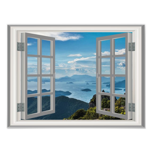 Korea Shoreline Ocean Misty Blue Asian Mountains Fotodruck (Vorne)