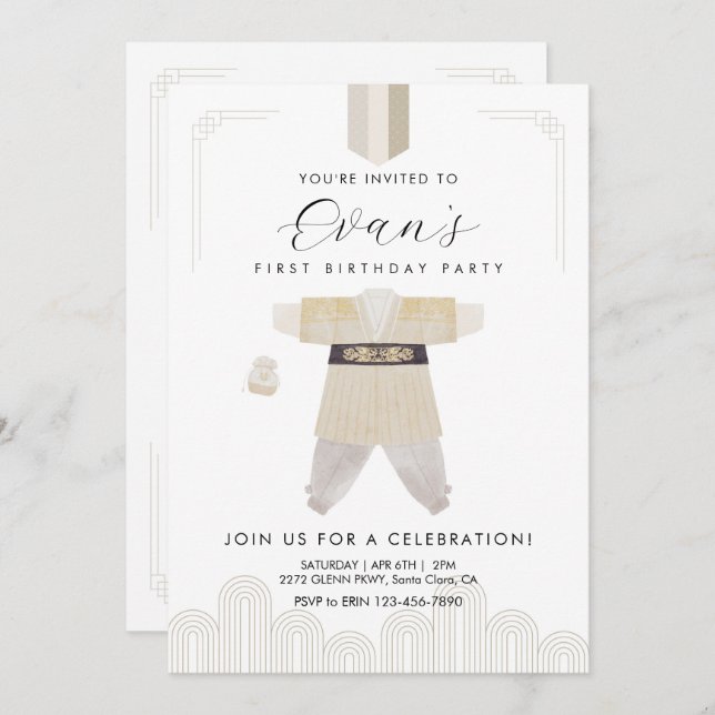 Korean Dol First Birthday Hanbok Invitation  (Devant / Derrière)