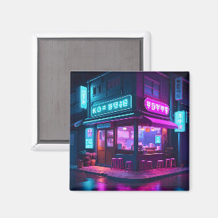 Korean Neon Coffee House LoFi Art Magnet