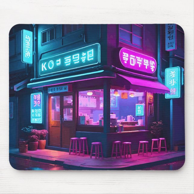 Korean Neon Coffee House LoFi Art Mousepad (Vorne)