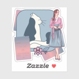 Koreanische Hanbok-Dame & minimalist Katze Aufkleber