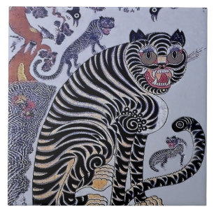 Koreanischer Tiger Minhwa mit drei Drehkreuzen Fliese