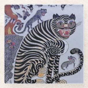 Koreanischer Tiger Minhwa mit drei Drehkreuzen Glasuntersetzer