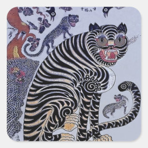 Koreanischer Tiger Minhwa mit drei Jungen Quadratischer Aufkleber