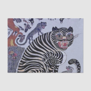 Koreanischer Tiger Minhwa mit drei Jungen Seidenpapier