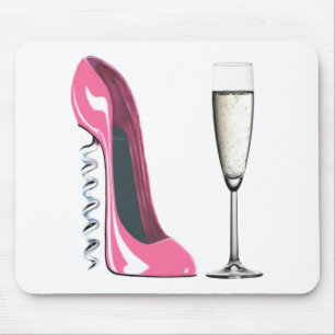 Korkenzieher-rosa Stilett-Schuh und Champagne-Glas Mousepad