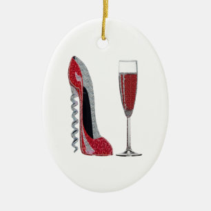 Korkenzieher-rote Stilett-und Champagne-Glas-Kunst Keramikornament