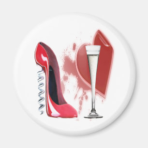 Korkenzieher-roter Stilett-Schuh, Champagne und Magnet