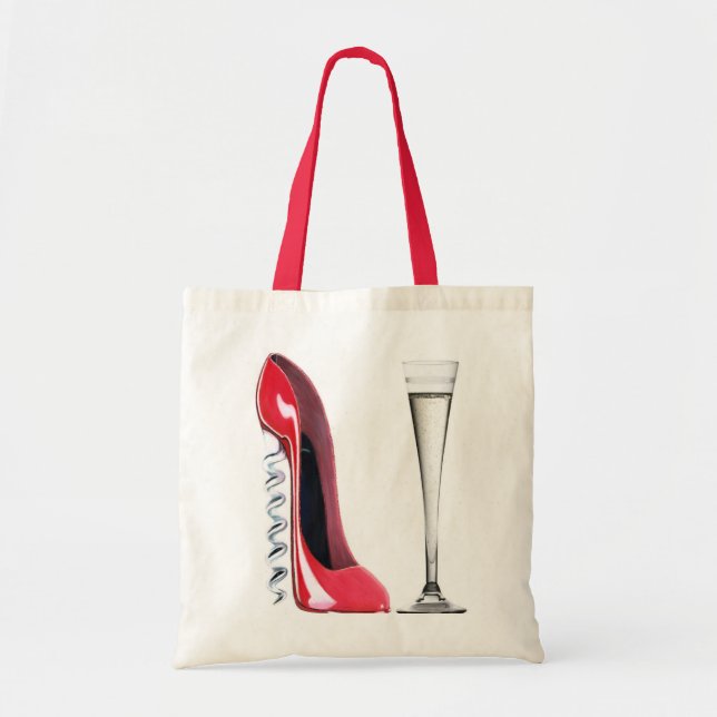 Korkenzieher-Stilett-Schuh und Sektkelch-Glas Tragetasche (Vorne)
