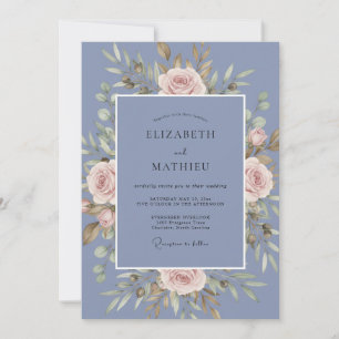 Kornblumenblaue Elegante Rosenhochzeit Einladung