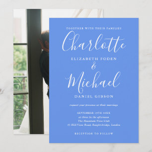 Kornblumenblaue moderne Schrift Foto-Hochzeit Einladung