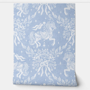 Kornblumenblaue Rococo-Karussellpferde & Floralien Tapete